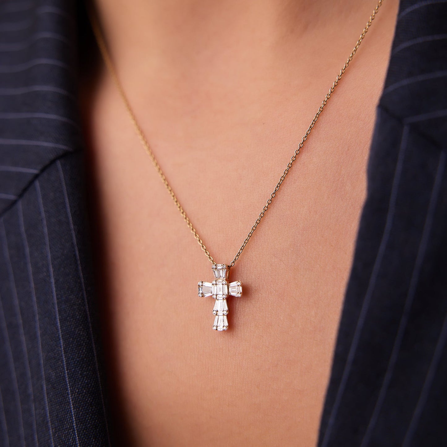 14k Illusion Setting Baguette Diamond Cross