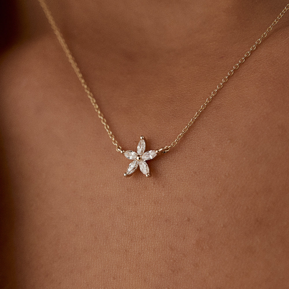 14k Marquise Shaped Diamond Flower Design Necklace