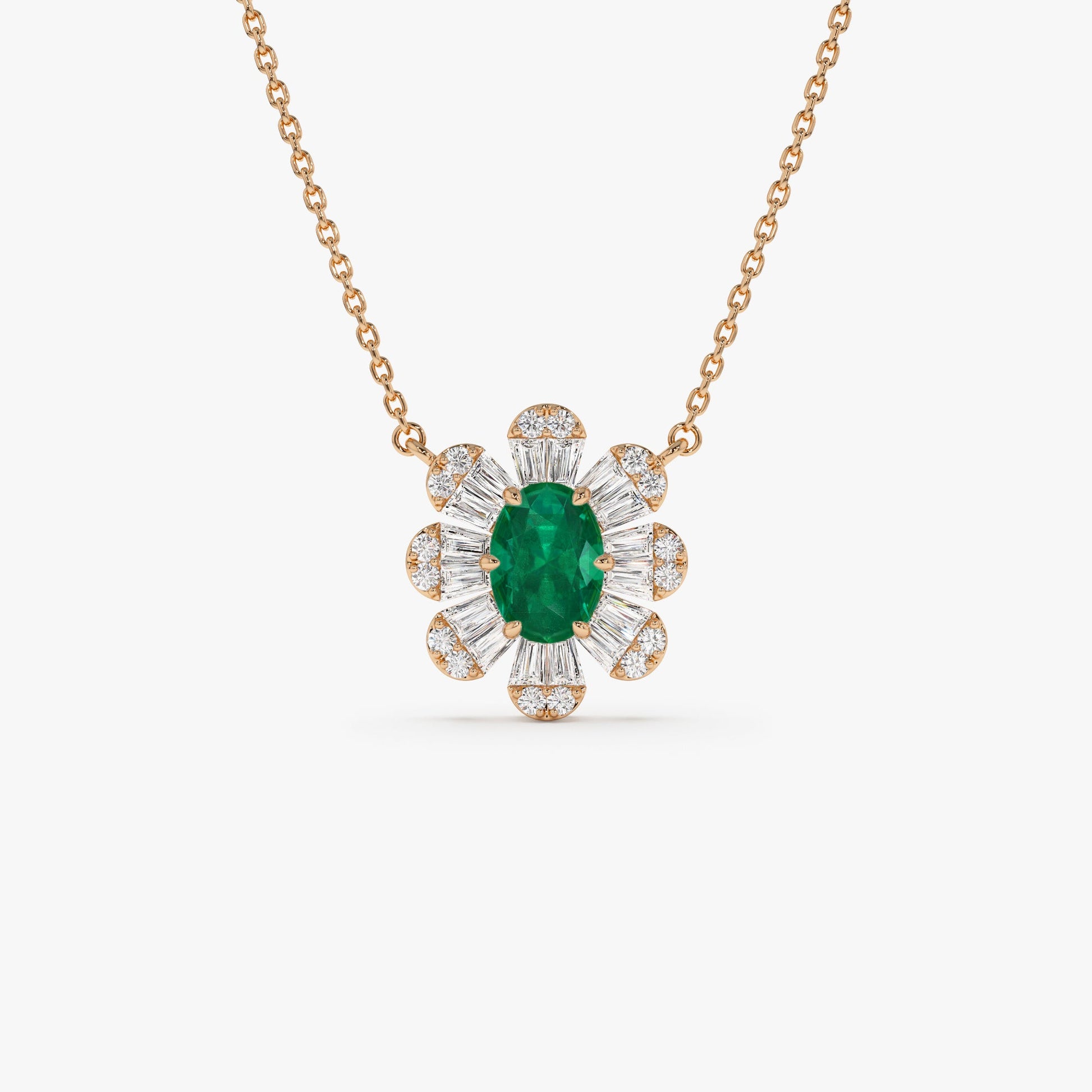 14k Oval Shape Emerald Necklace with Baguettes
