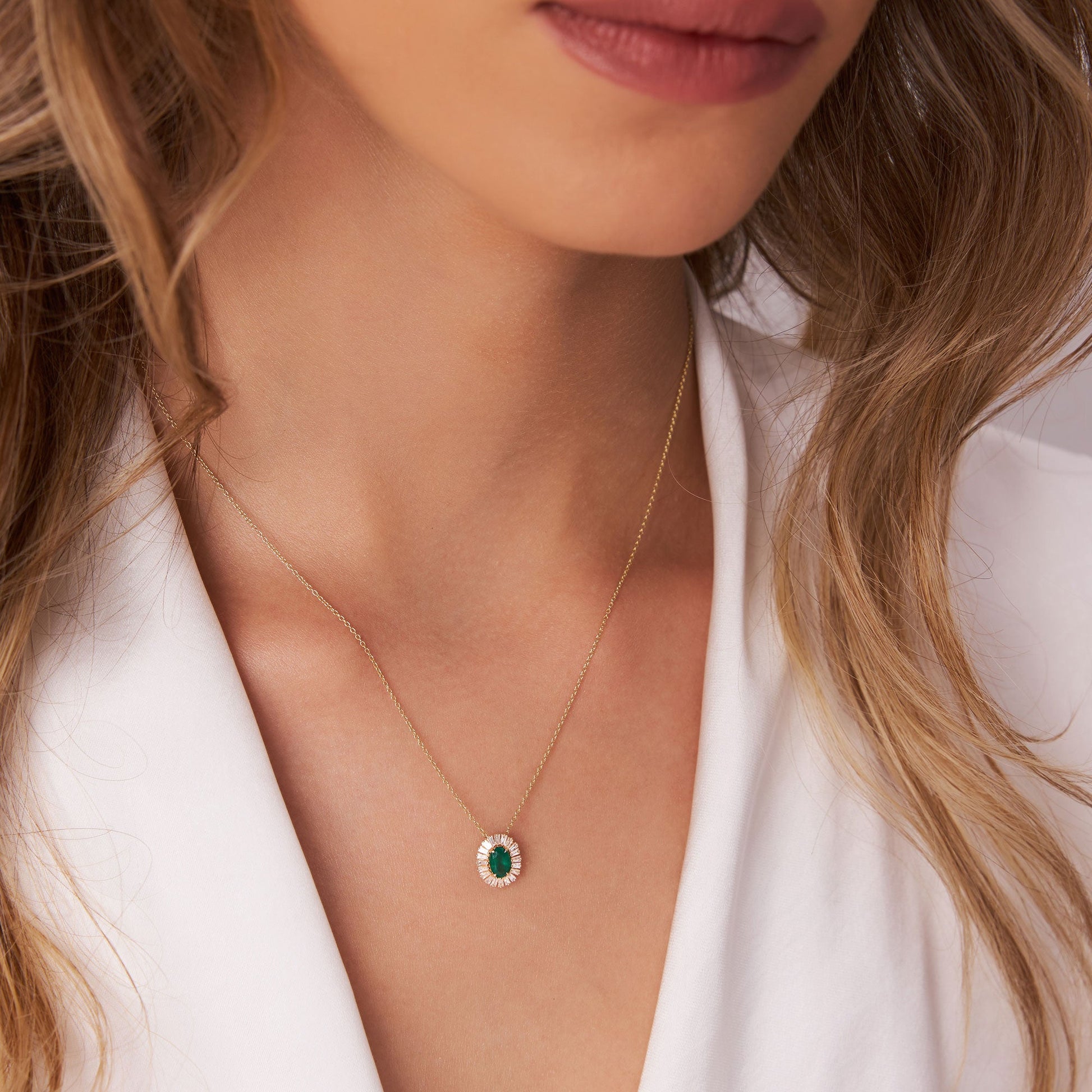 14k Oval Shape Emerald with Baguette Halo Setting Necklace