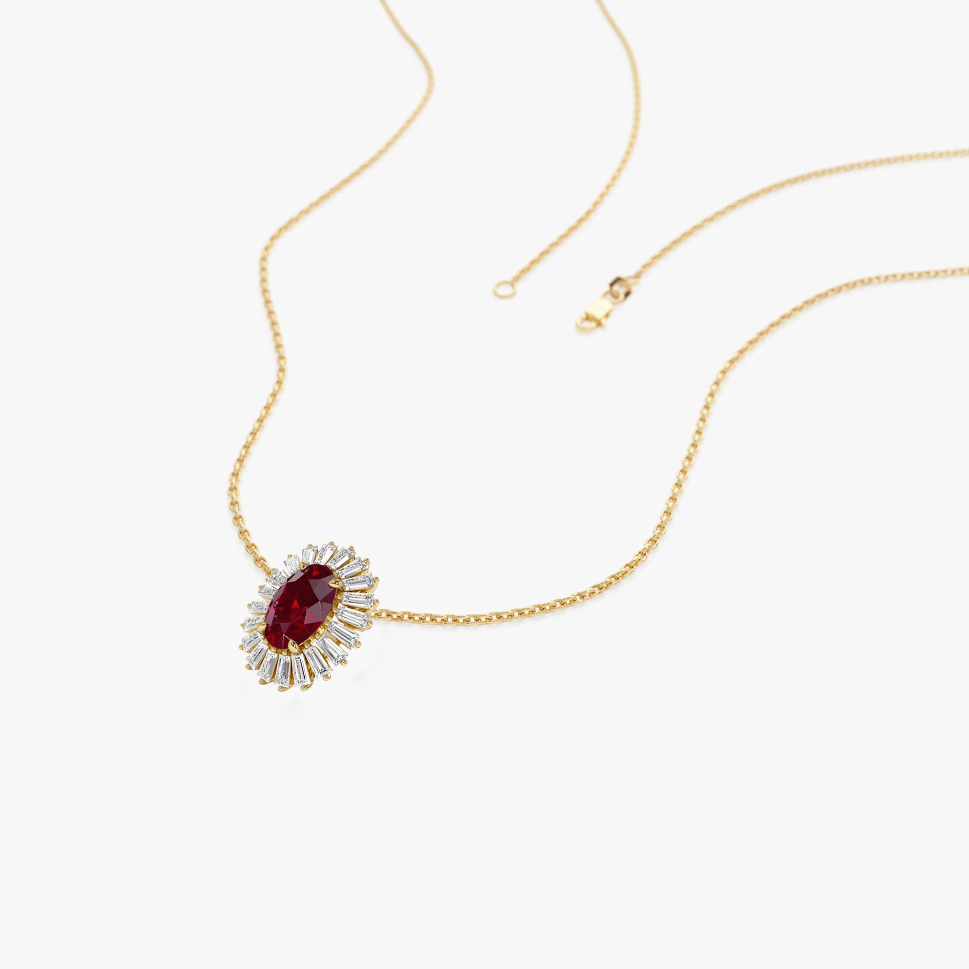14k Oval Shape Ruby with Baguette Halo Setting Necklace