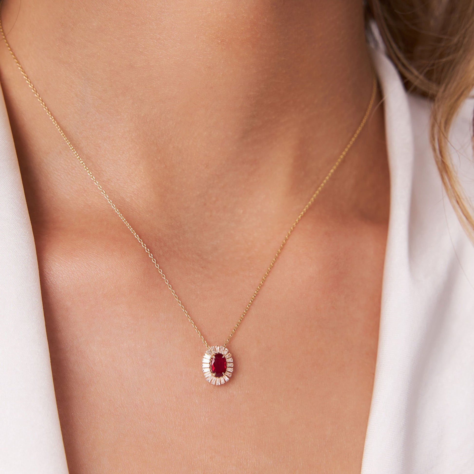 14k Oval Shape Ruby with Baguette Halo Setting Necklace