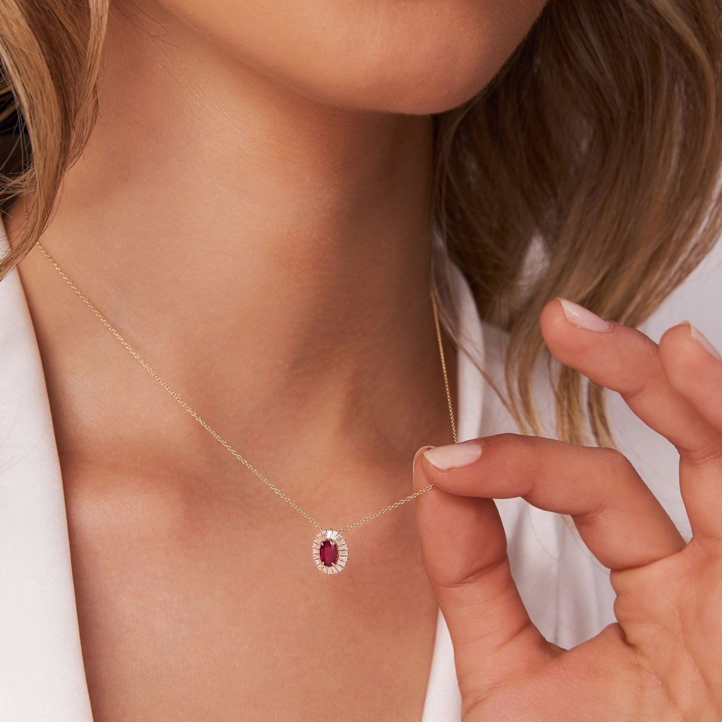 14k Oval Shape Ruby with Baguette Halo Setting Necklace