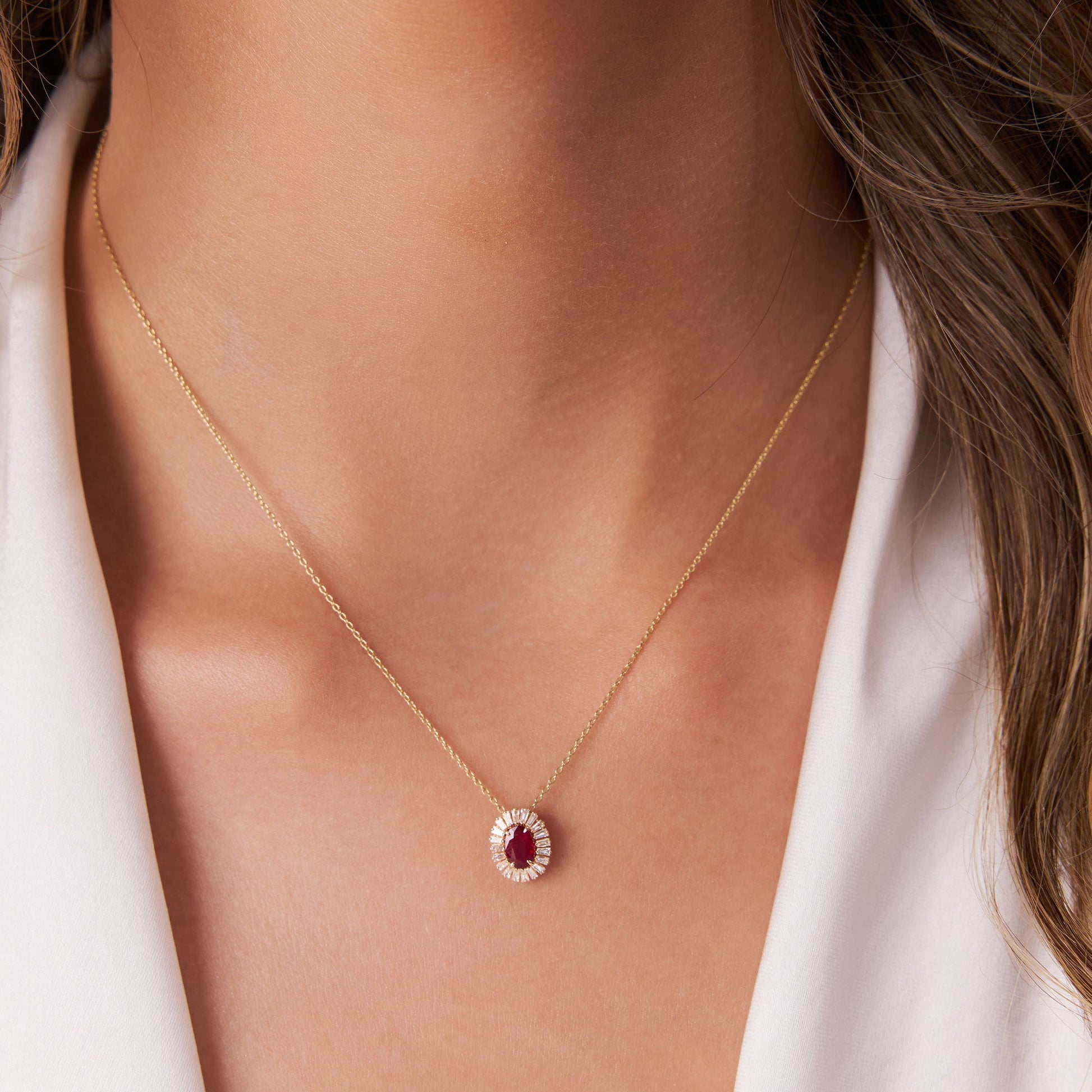 14k Oval Shape Ruby with Baguette Halo Setting Necklace