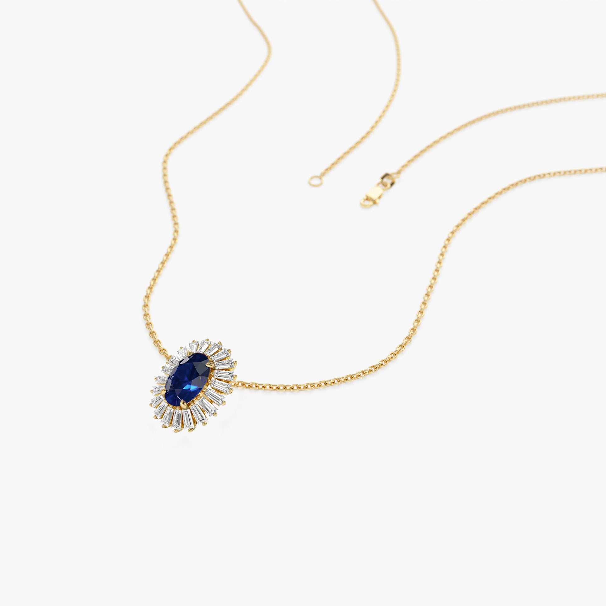 14k Oval Shape Sapphire with Baguette Halo Setting Necklace