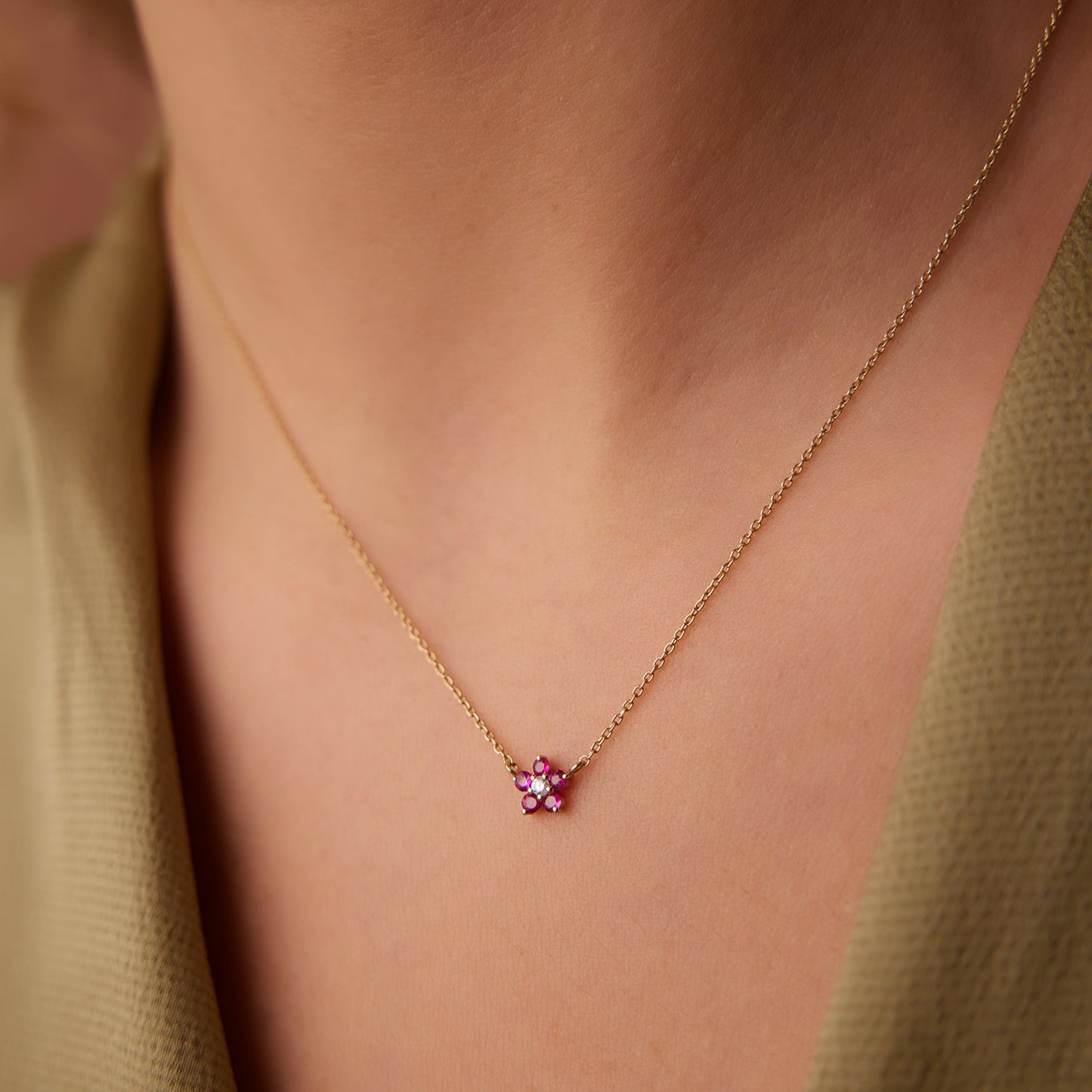 14K Ruby and Diamond Flower Charm Necklace