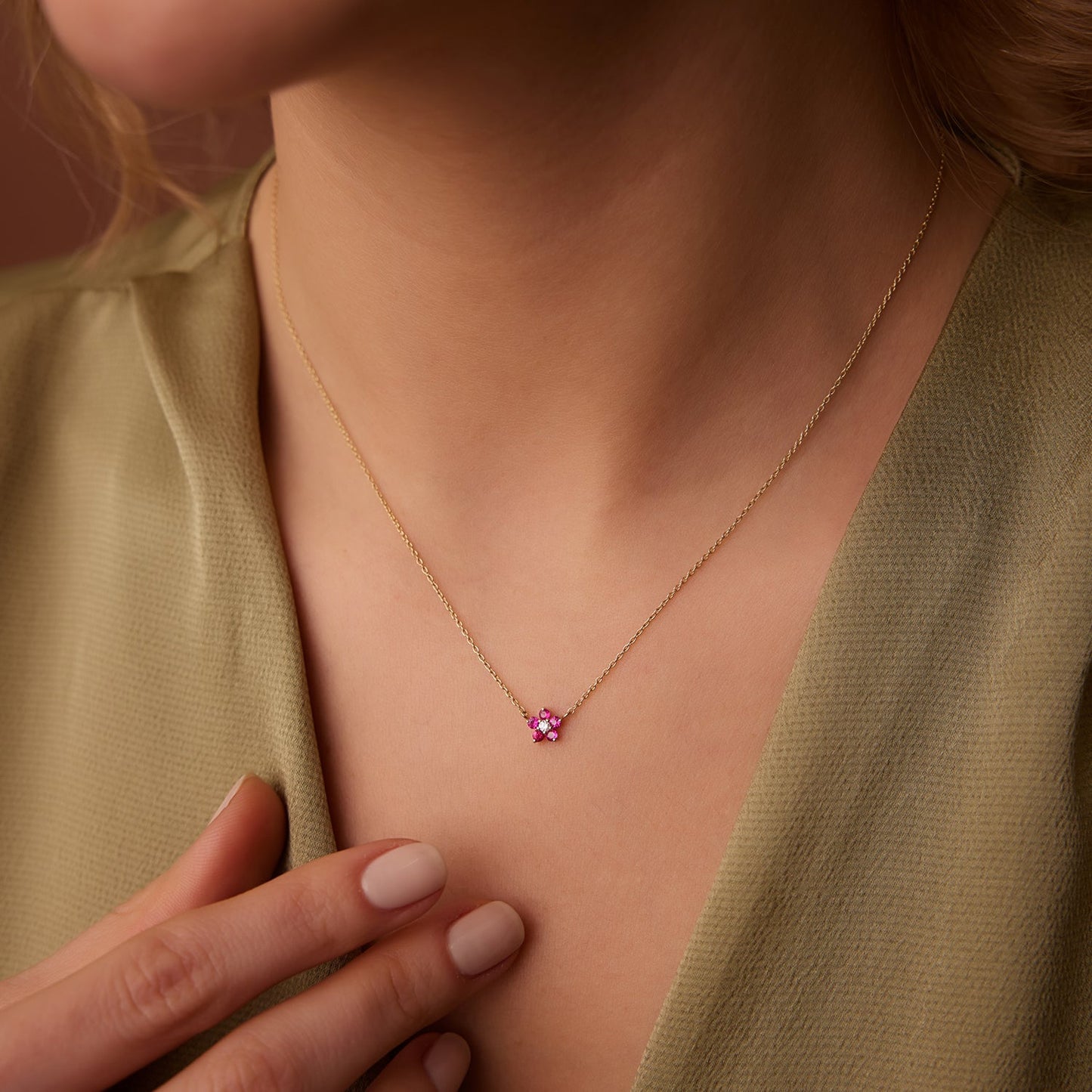 14K Ruby and Diamond Flower Charm Necklace