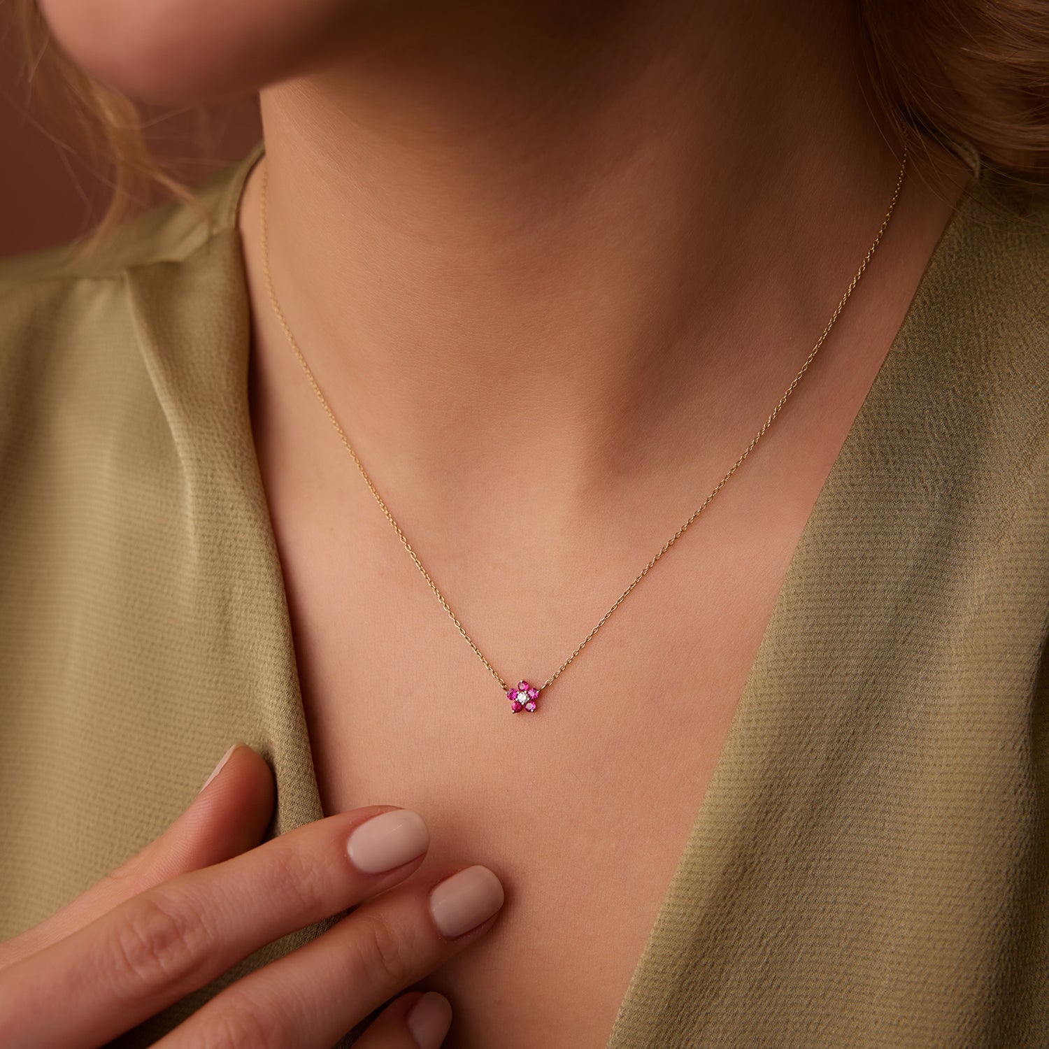 14K Ruby and Diamond Flower Charm Necklace