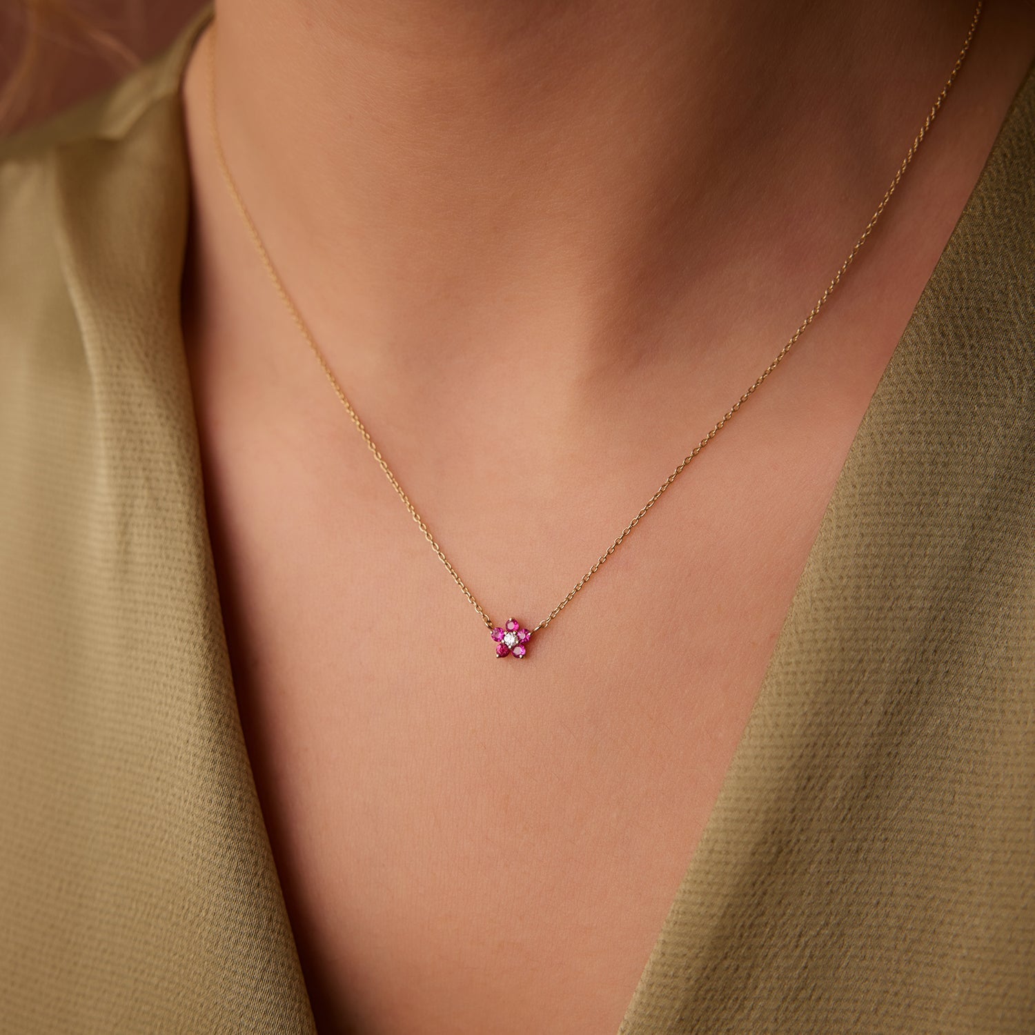 14K Ruby and Diamond Flower Charm Necklace