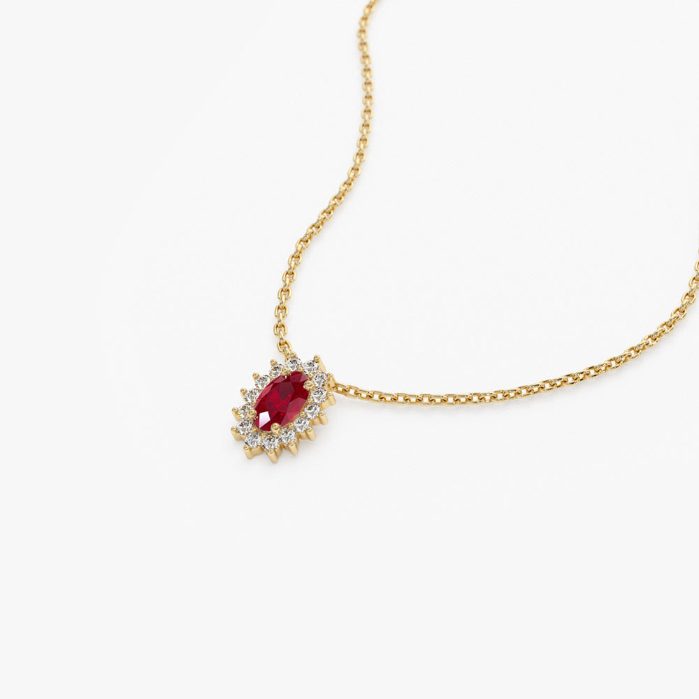 14k Ruby Necklace with Halo Diamonds