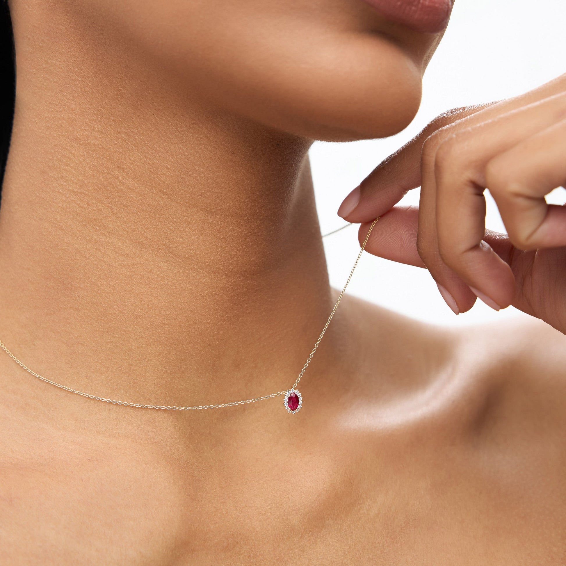 14k Ruby Necklace with Halo Diamonds