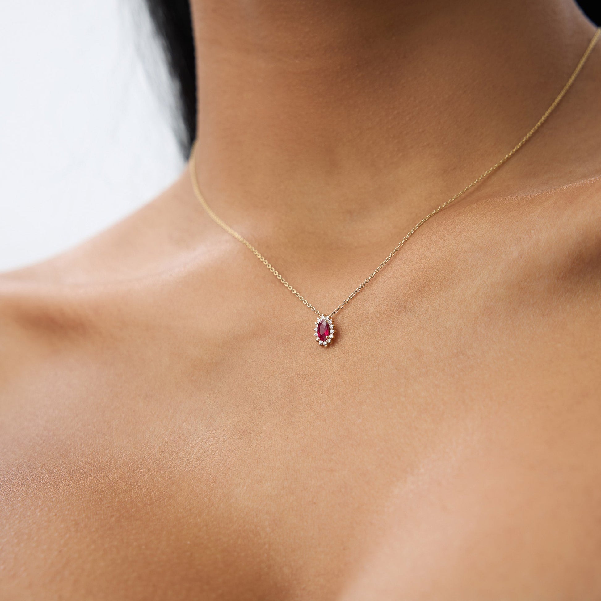 14k Ruby Necklace with Halo Diamonds