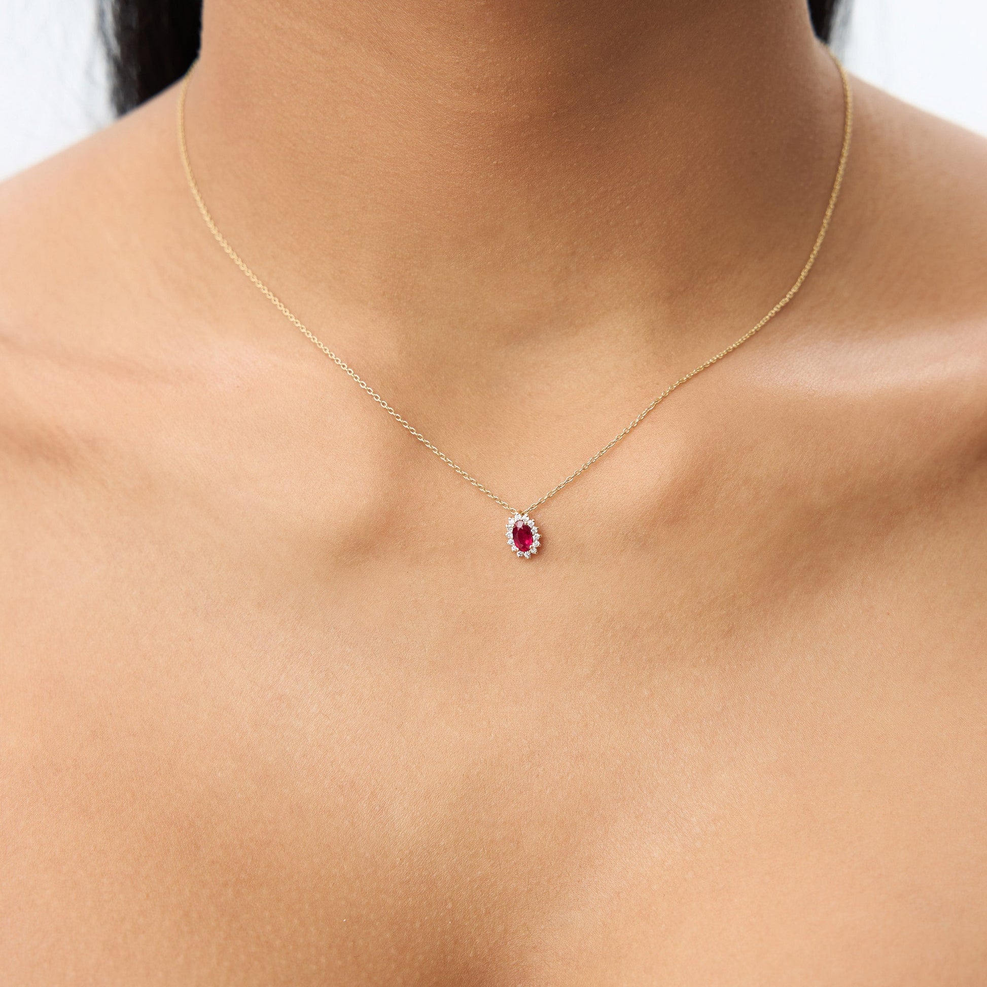 14k Ruby Necklace with Halo Diamonds