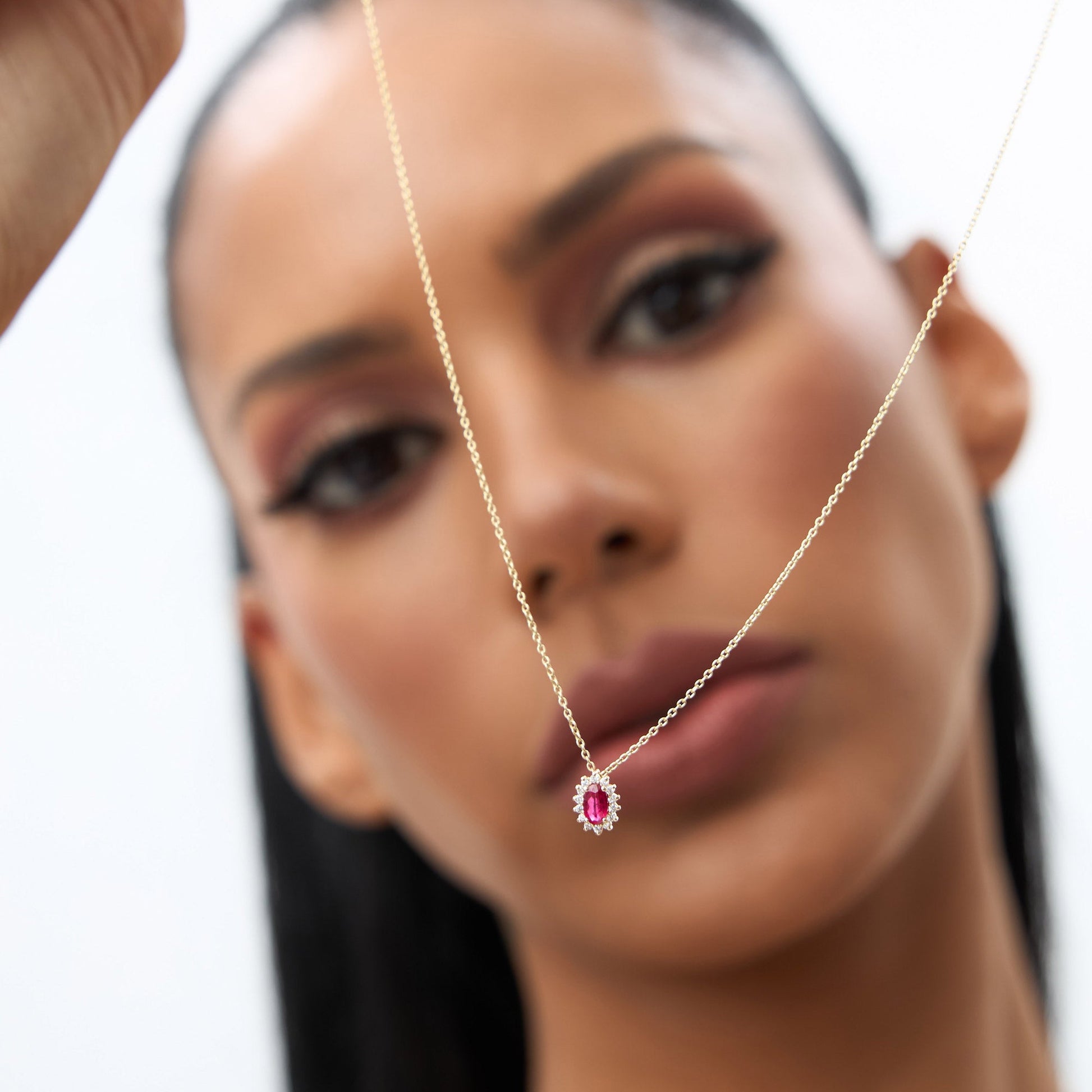 14k Ruby Necklace with Halo Diamonds