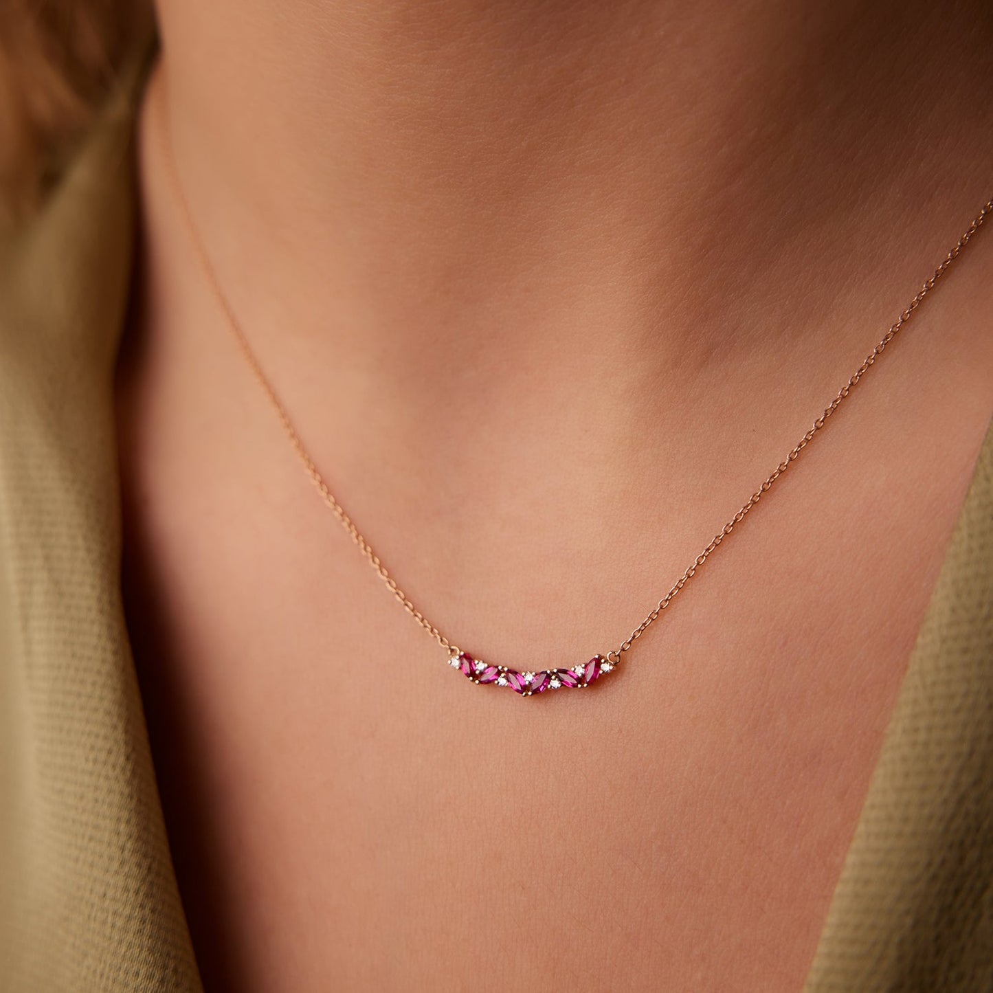 14K Slanted Ruby and Round Diamond Necklace