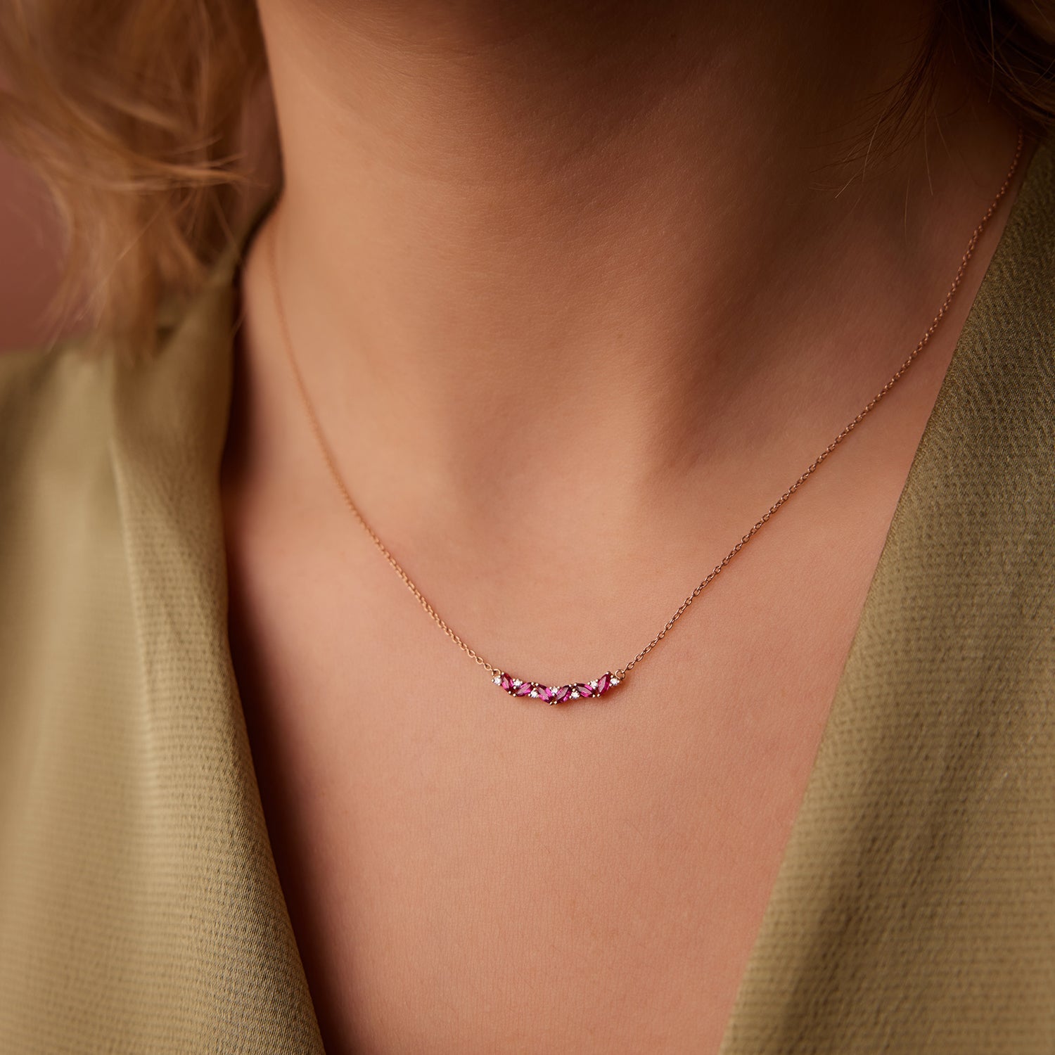 14K Slanted Ruby and Round Diamond Necklace