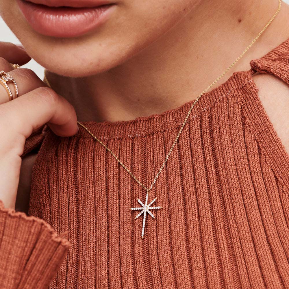 14k Solid Gold Celestial North Star Diamond Necklace
