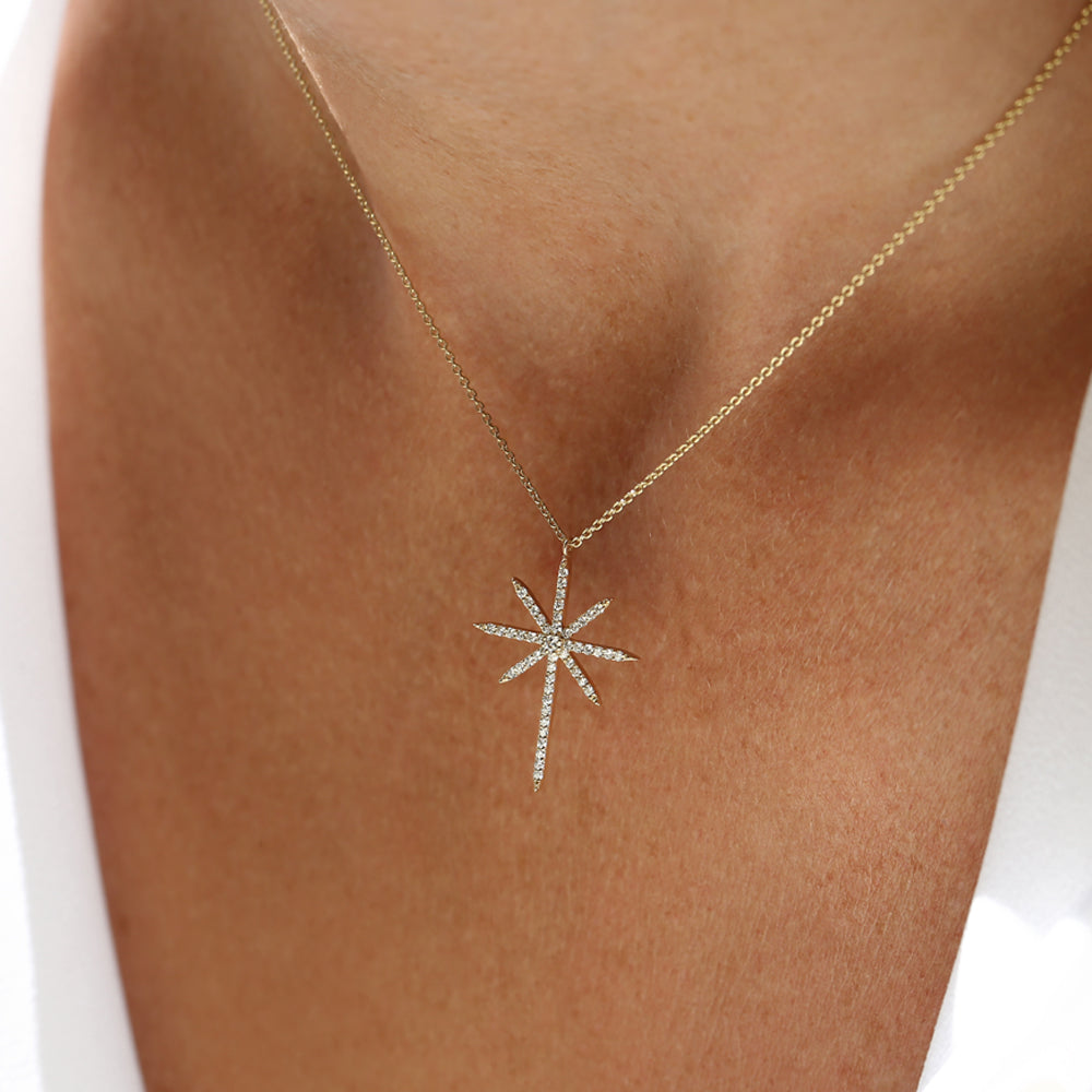 14k Solid Gold Celestial North Star Diamond Necklace