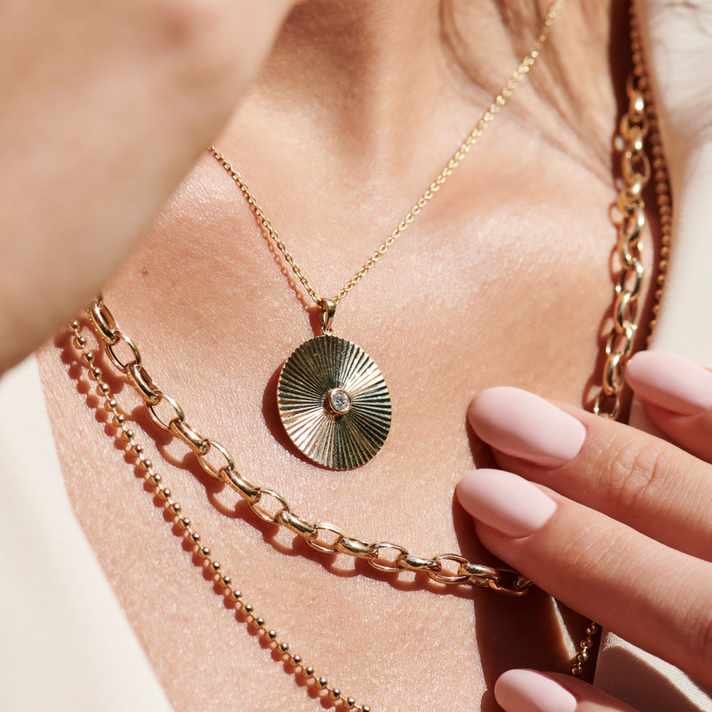 Large Diamond Disc Ray Necklace in 14K