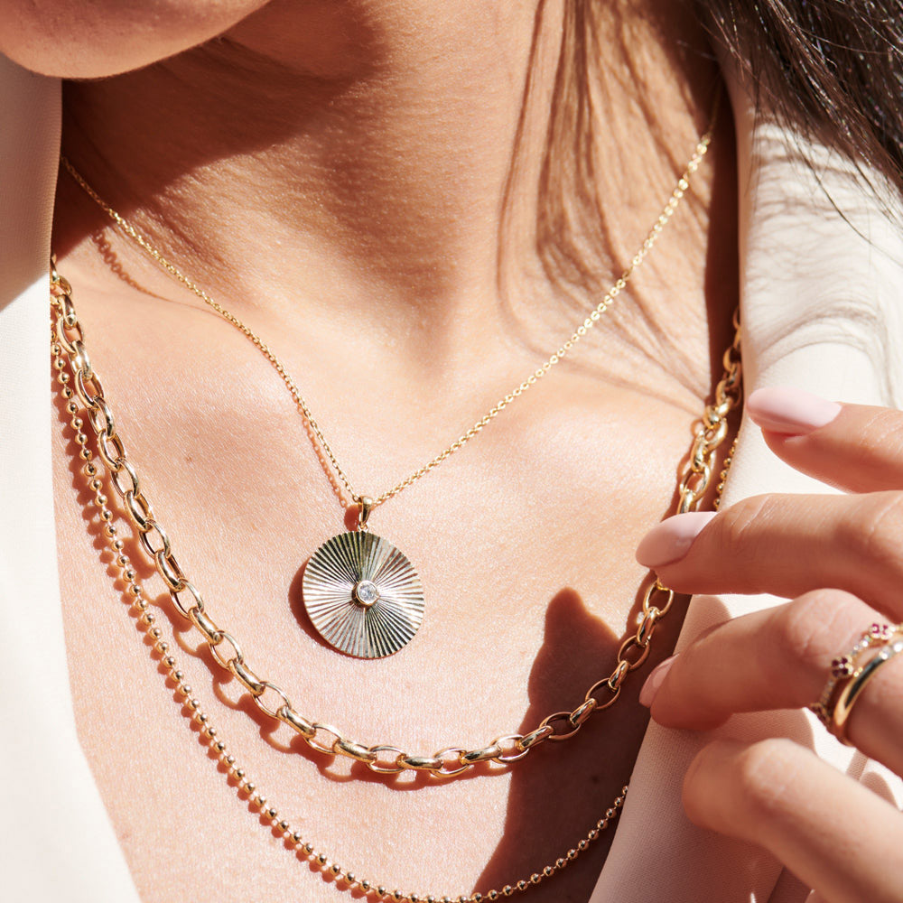 Large Diamond Disc Ray Necklace in 14K