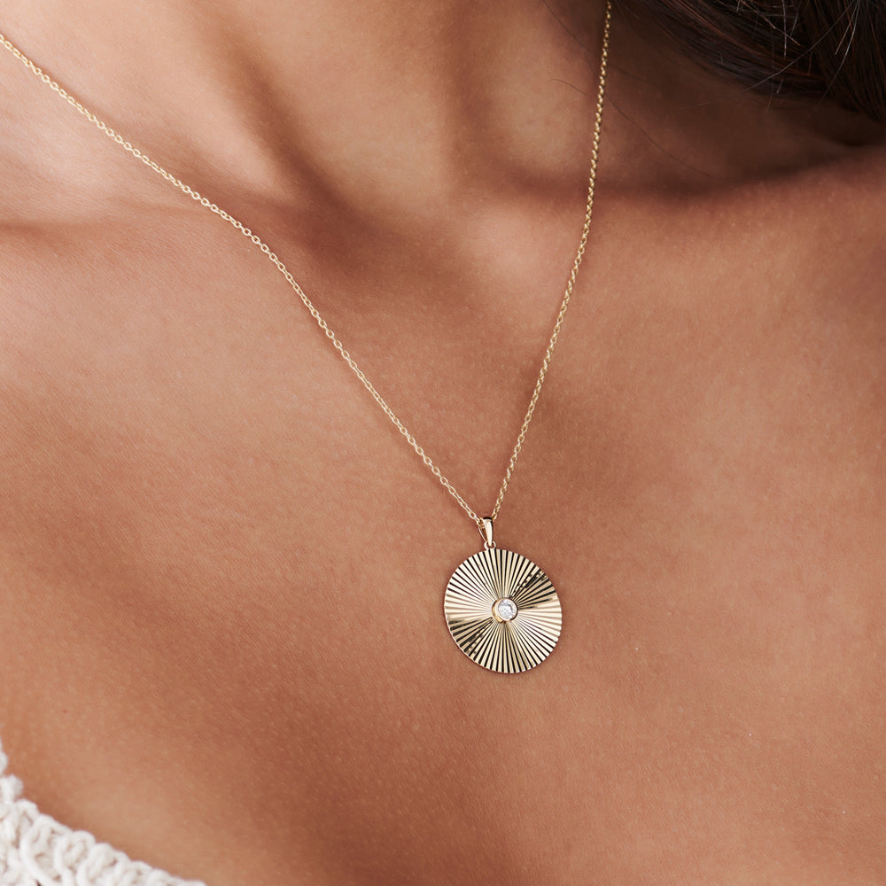 Large Diamond Disc Ray Necklace in 14K