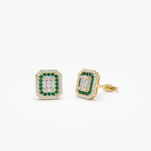 14k Baguette and Round Emerald Studs Halo Setting - Geum Jewels