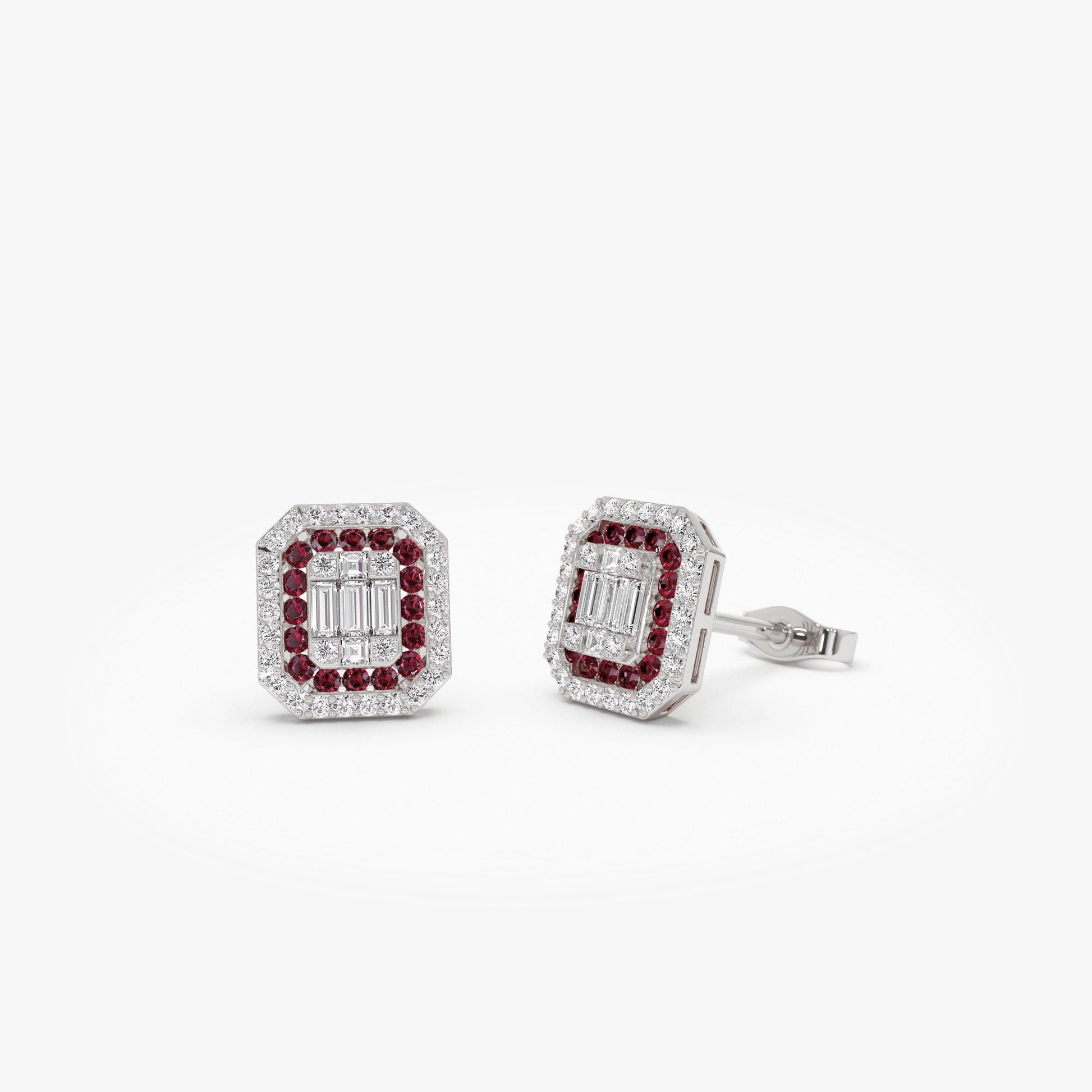 14k Baguette and Round Ruby Studs Halo Setting - Geum Jewels