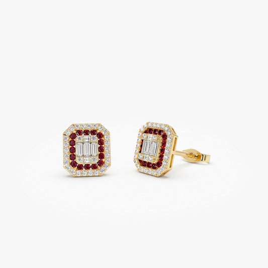 14k Baguette and Round Ruby Studs Halo Setting - Geum Jewels