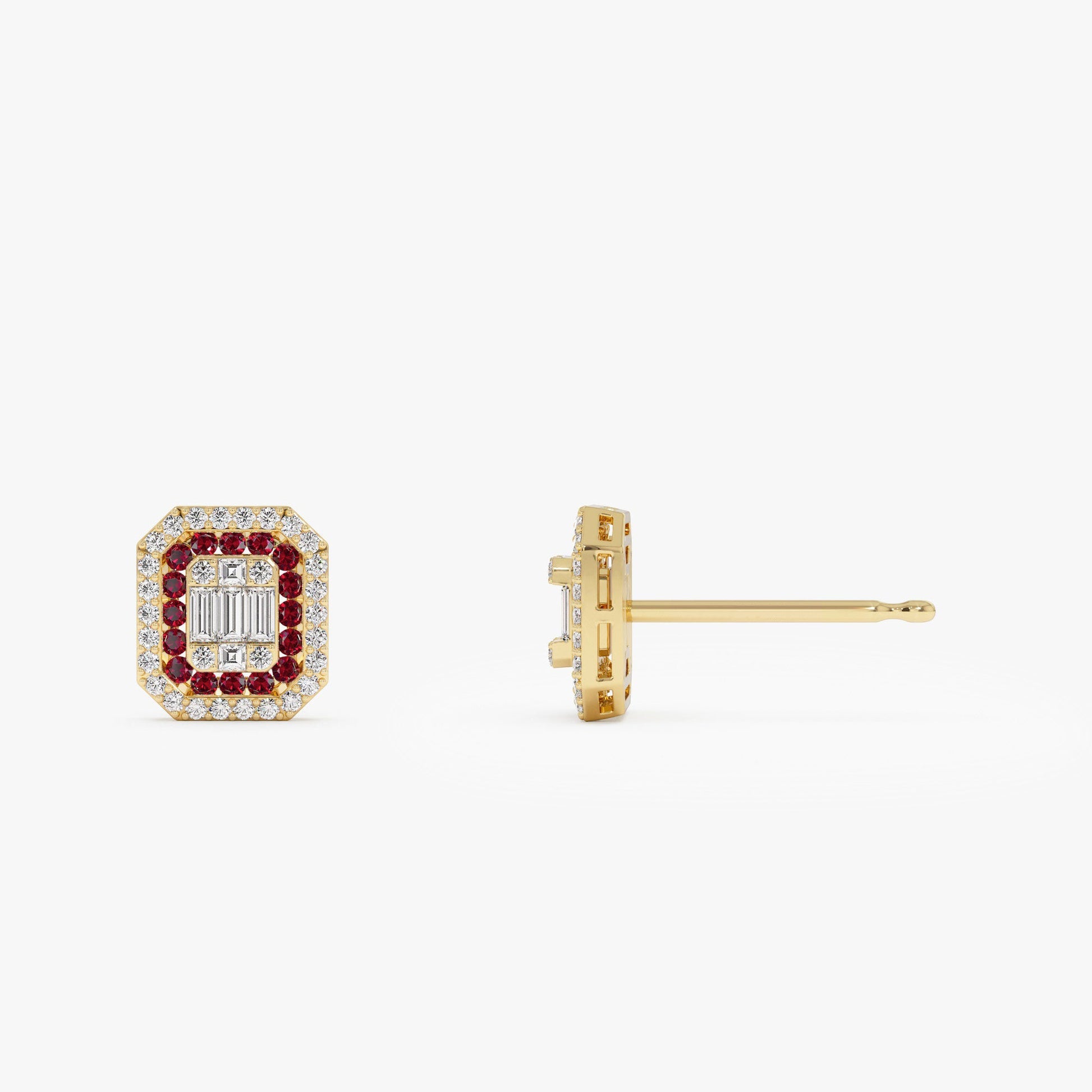 14k Baguette and Round Ruby Studs Halo Setting - Geum Jewels