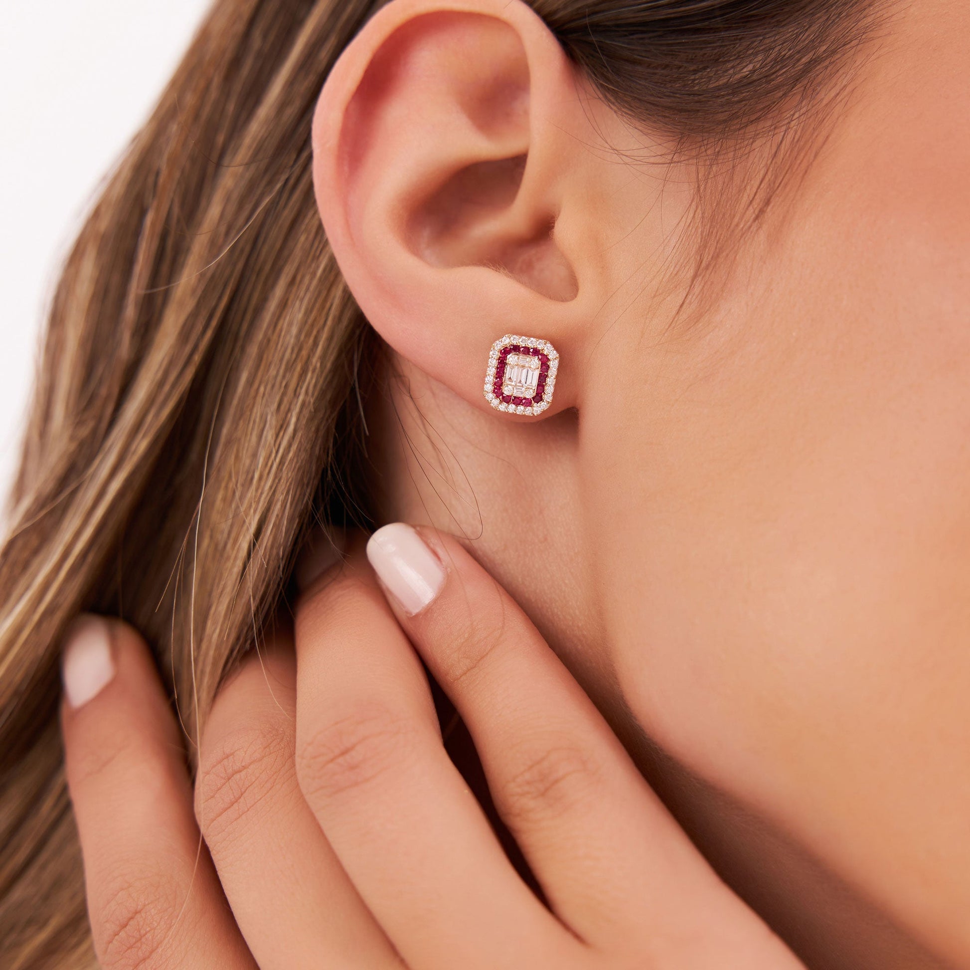 14k Baguette and Round Ruby Studs Halo Setting - Geum Jewels