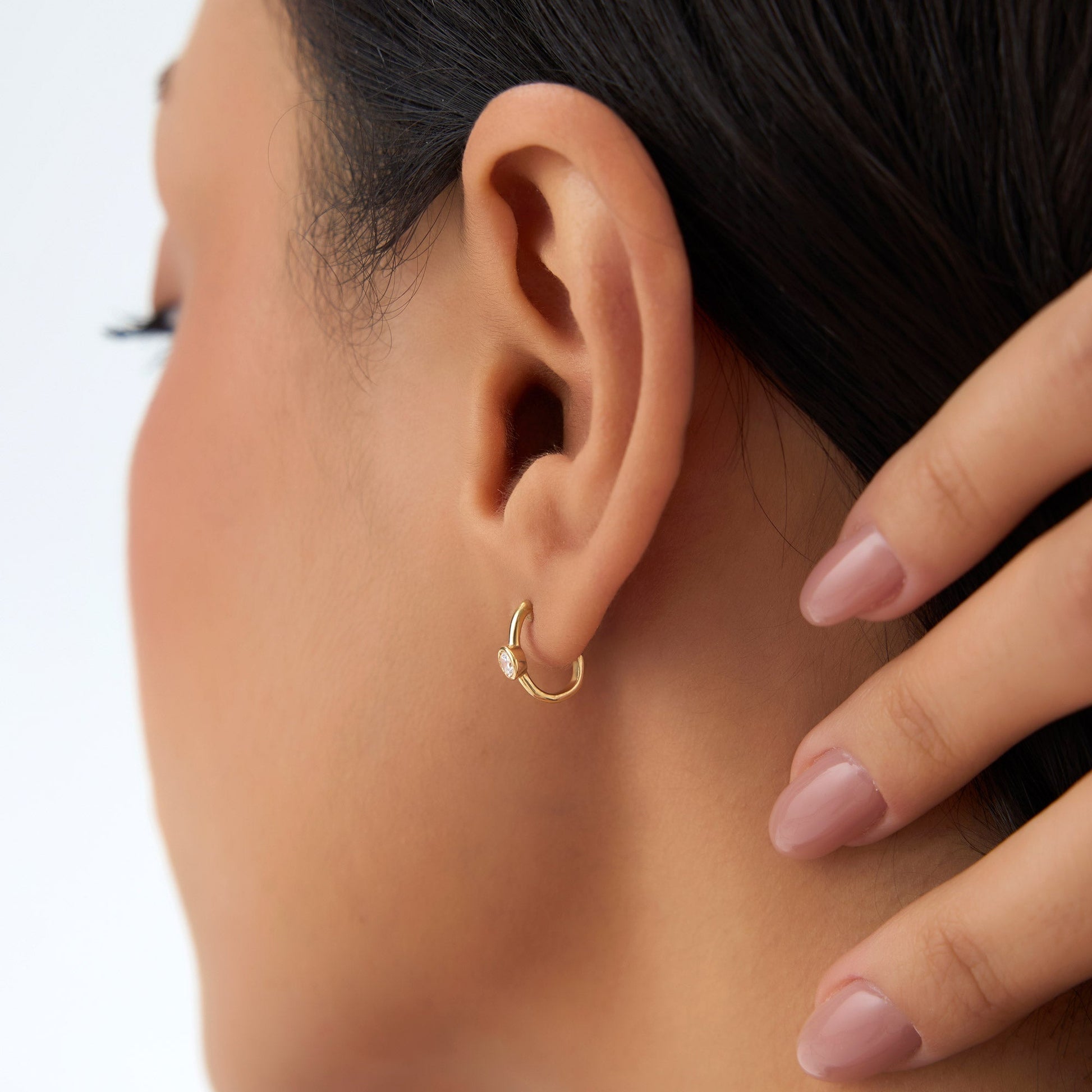 14k Bezel Setting Diamond J Hoops - Geum Jewels