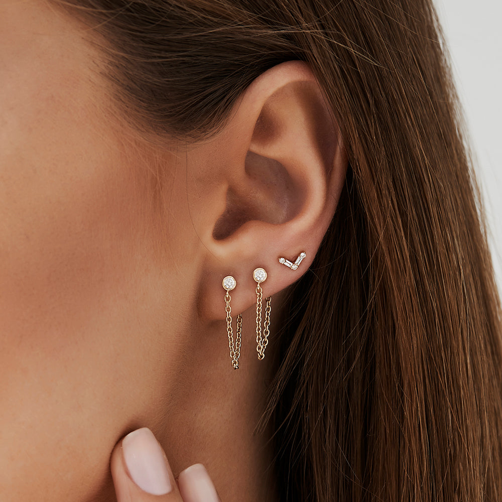 14k Bezel Setting Diamond Studs Chain Earrings - Geum Jewels