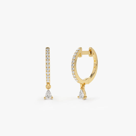 14k Diamond Huggies with a Dangling Pear Shape Diamond - Geum Jewels