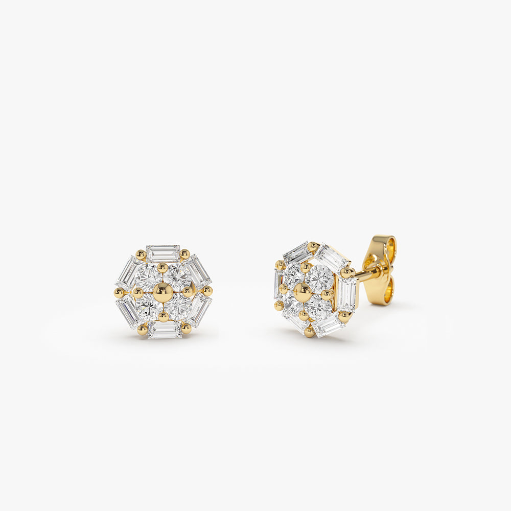 14k Gold Baguette and Round Diamond Cluster Studs - Geum Jewels