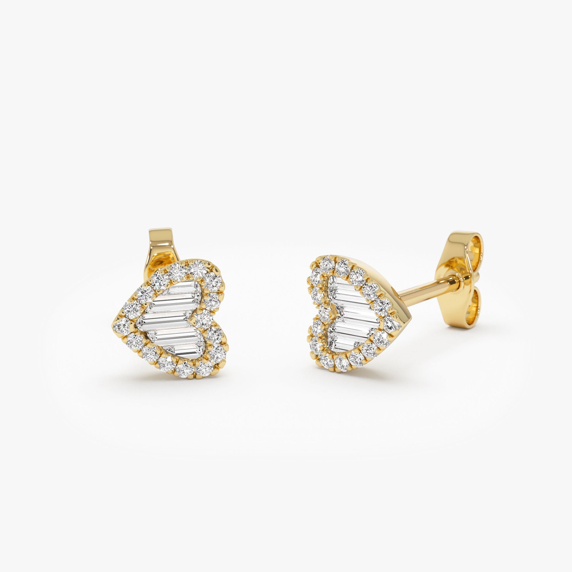 14K Gold Mini Baguette Diamond Heart Studs - Geum Jewels