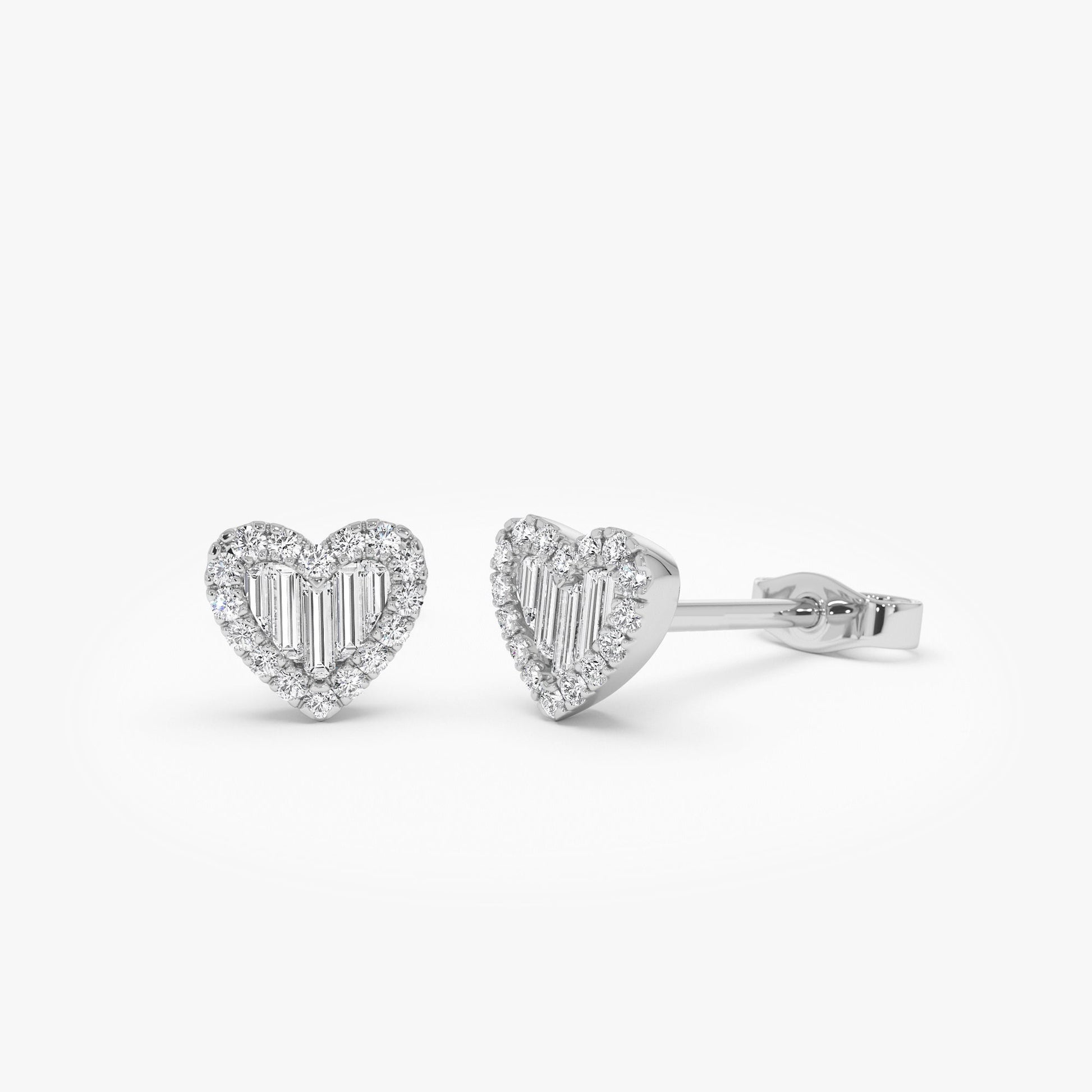 14K Gold Mini Baguette Diamond Heart Studs - Geum Jewels