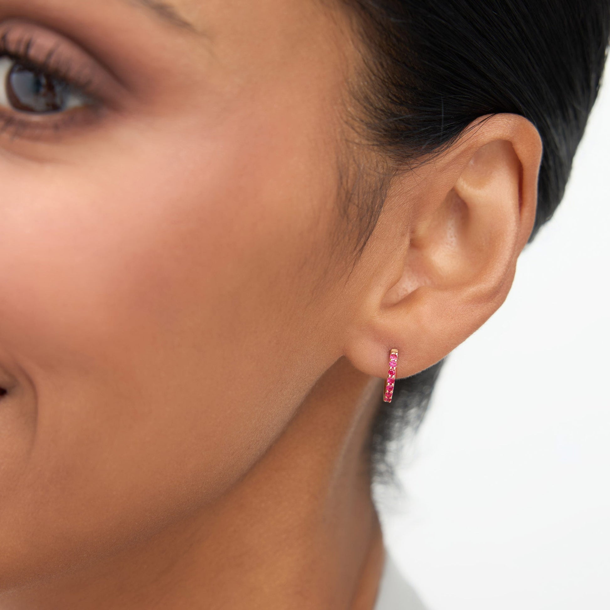 14K Gold Ruby Huggie Hoop Earrings - Geum Jewels