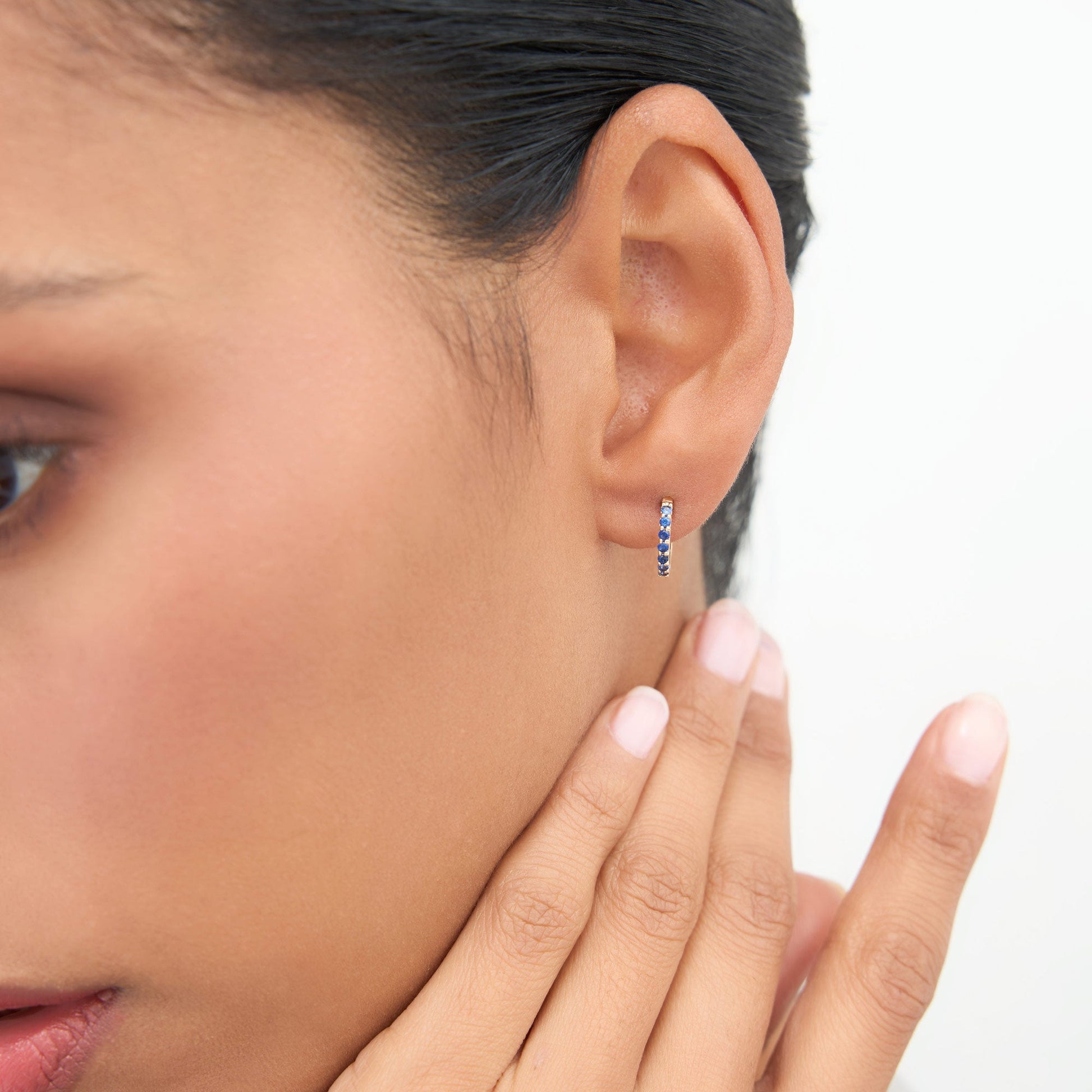 14K Gold Sapphire Huggie Hoop Earrings - Geum Jewels