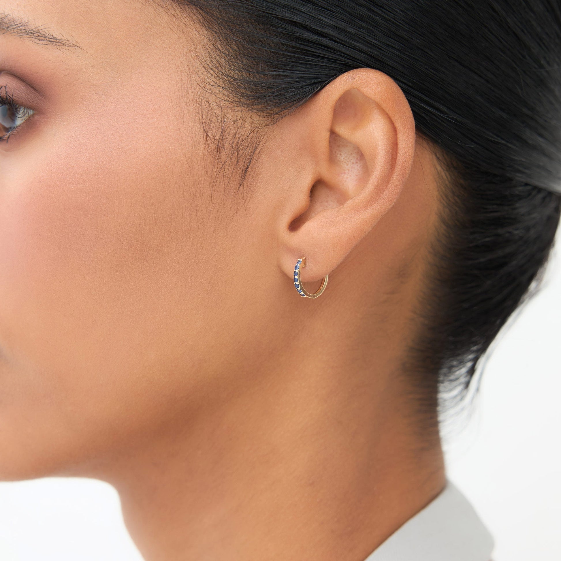 14K Gold Sapphire Huggie Hoop Earrings - Geum Jewels