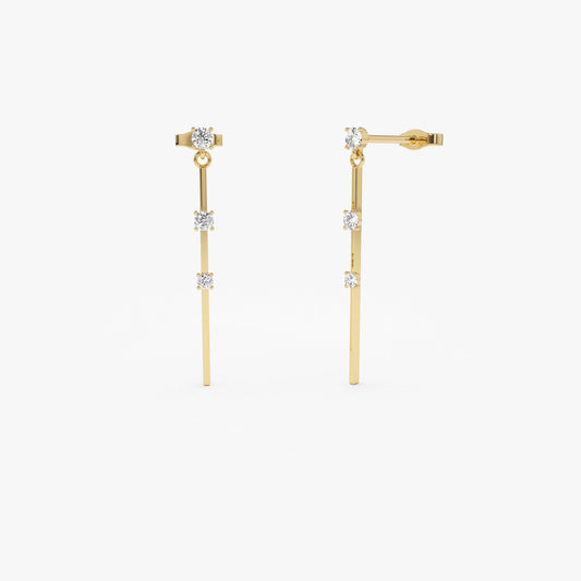 14K Linear Bar Triple Diamond Drop Earrings - Geum Jewels