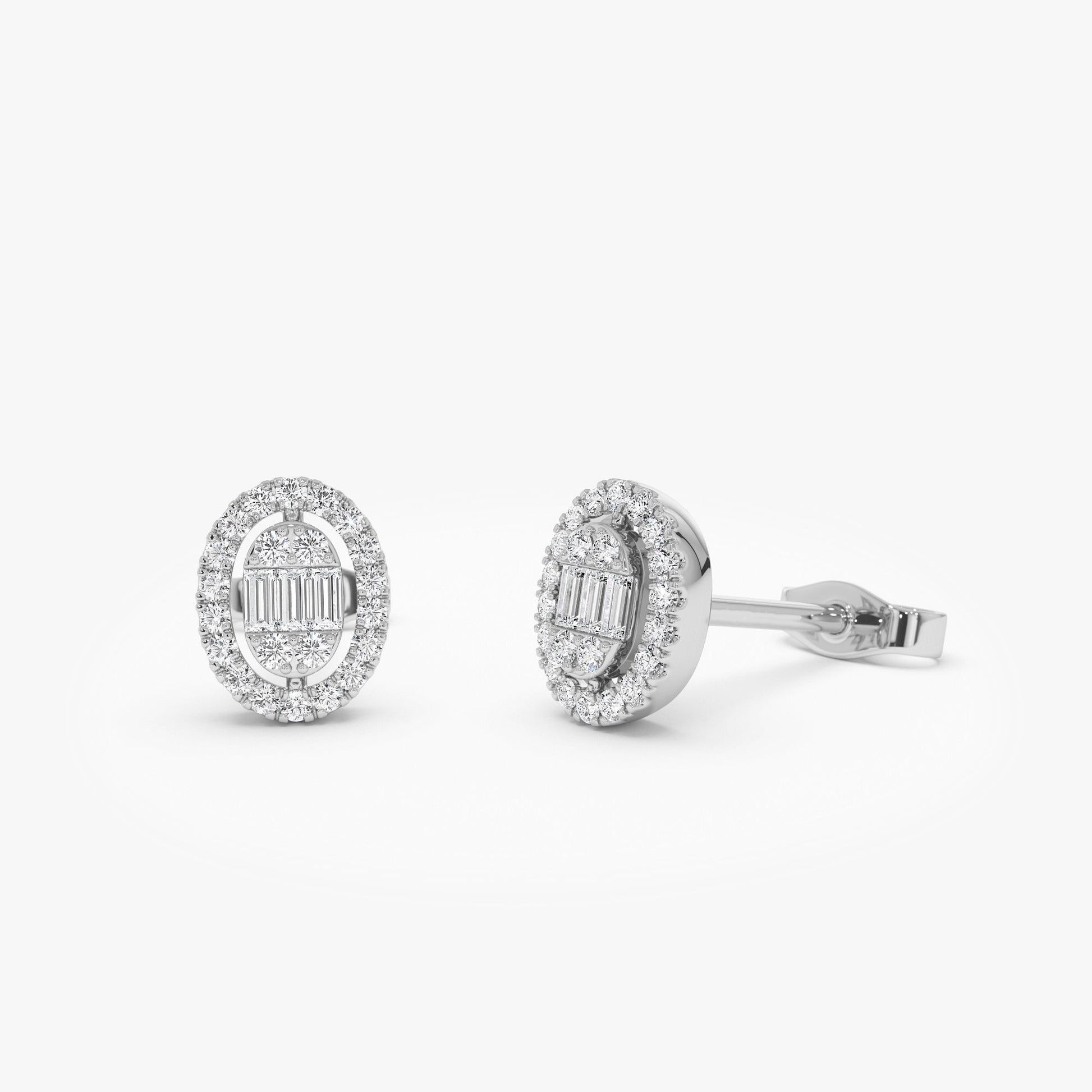 14k Oval Shaped Baguette & Round Diamond Mini Studs - Geum Jewels