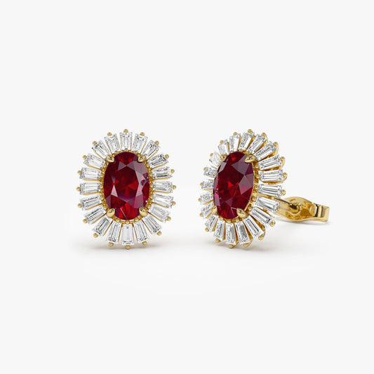 14k Ruby and Baguette Diamond Ballerina Stud Earrings - Geum Jewels