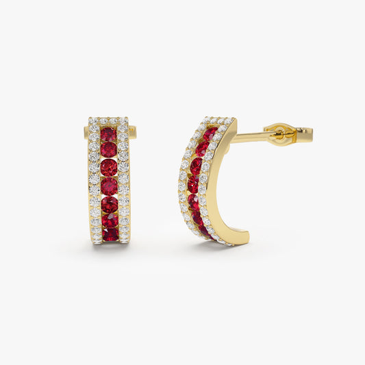 14k Ruby and Round Diamond Hoop Earrings - Geum Jewels