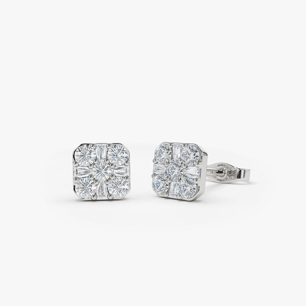 14k Square Baguette and Round Diamond Earrings - Geum Jewels