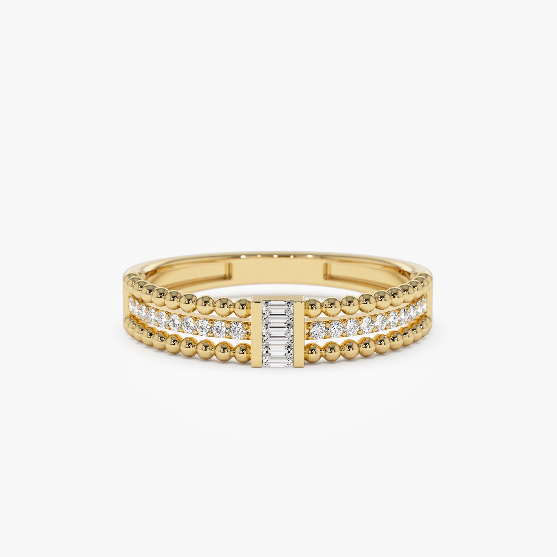 14k Beaded Baguette and Round Diamond Ring - Geum Jewels