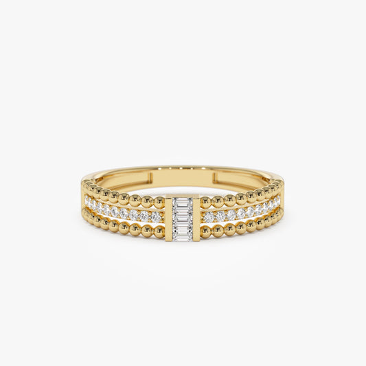 14k Beaded Baguette and Round Diamond Ring - Geum Jewels