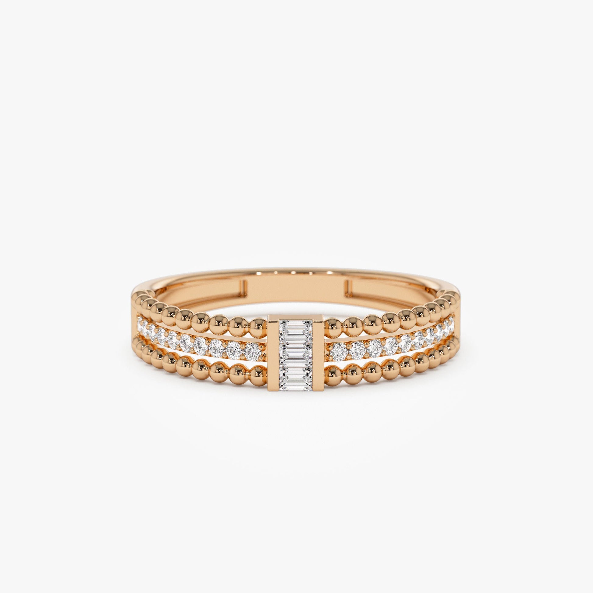 14k Beaded Baguette and Round Diamond Ring - Geum Jewels
