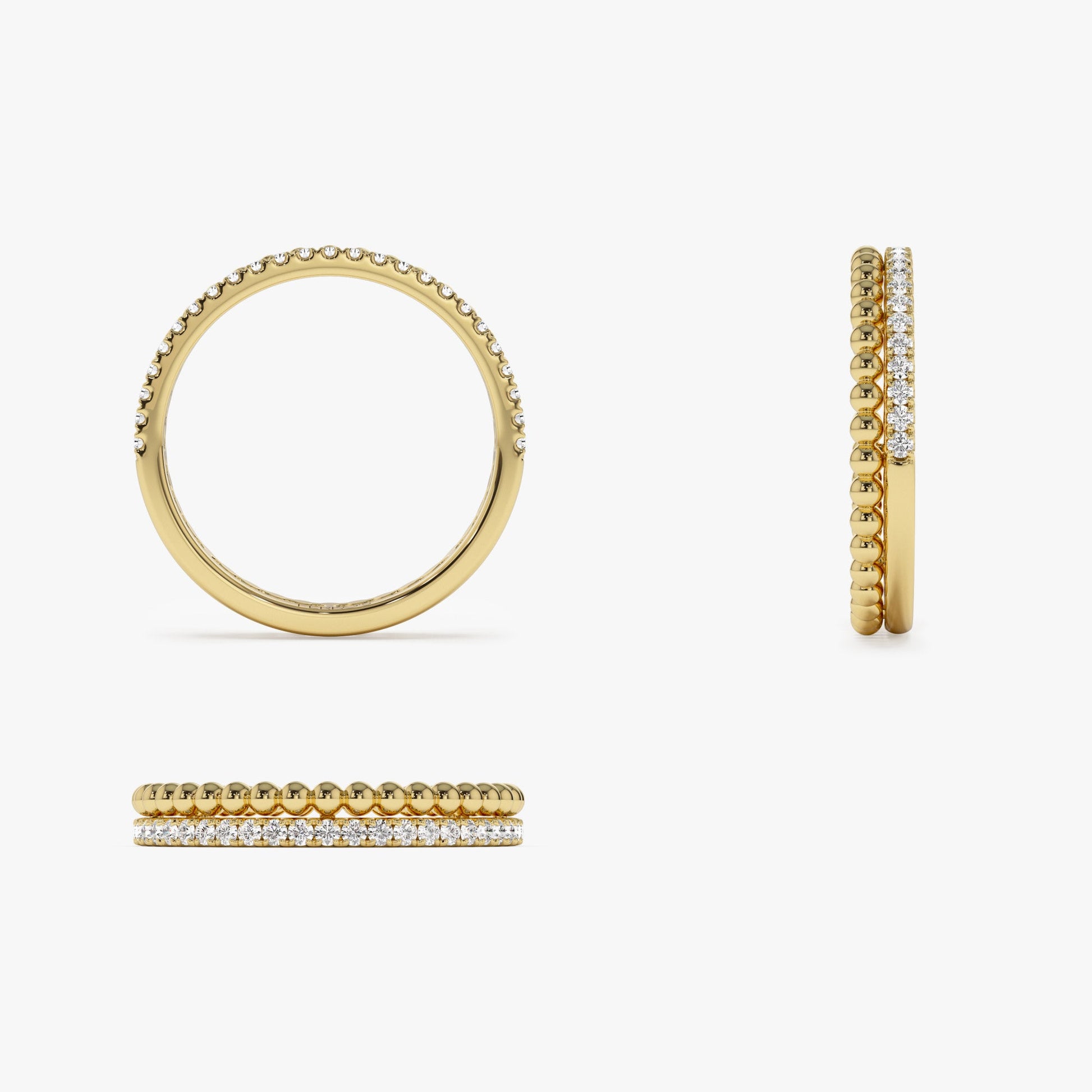 14K Stacked Beaded Ring with Diamond Ring