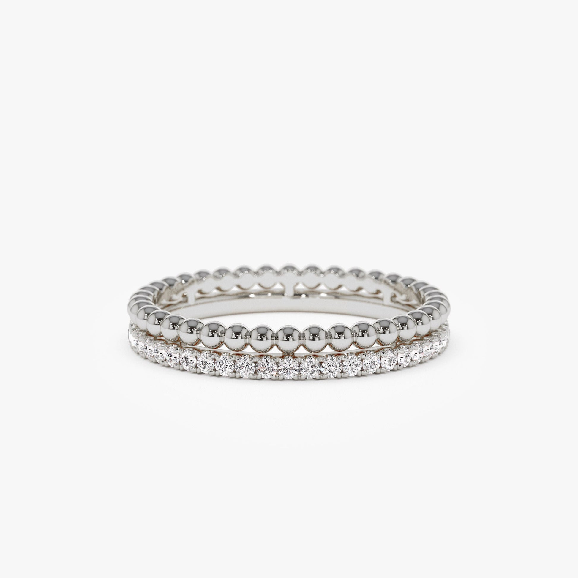 14K Stacked Beaded Ring with Diamond Ring - Geum Jewels