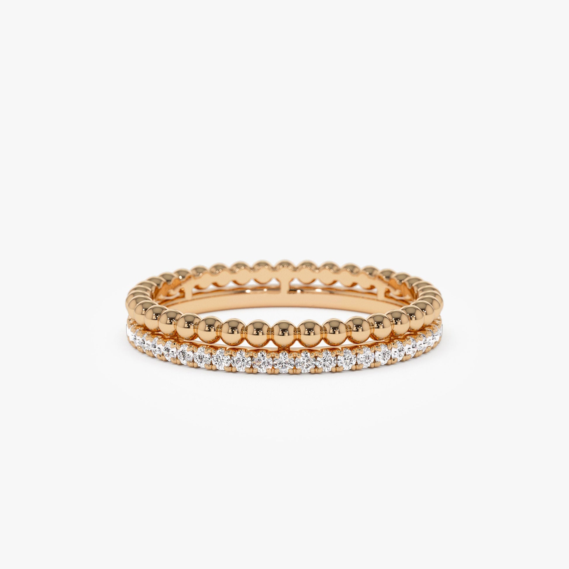 14K Stacked Beaded Ring with Diamond Ring - Geum Jewels